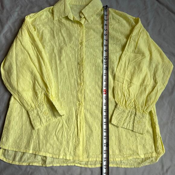 Yellow, Eyelet, Linen Like, Long Sleeve Button Down/Shorts Set- M - Picture 7 of 13